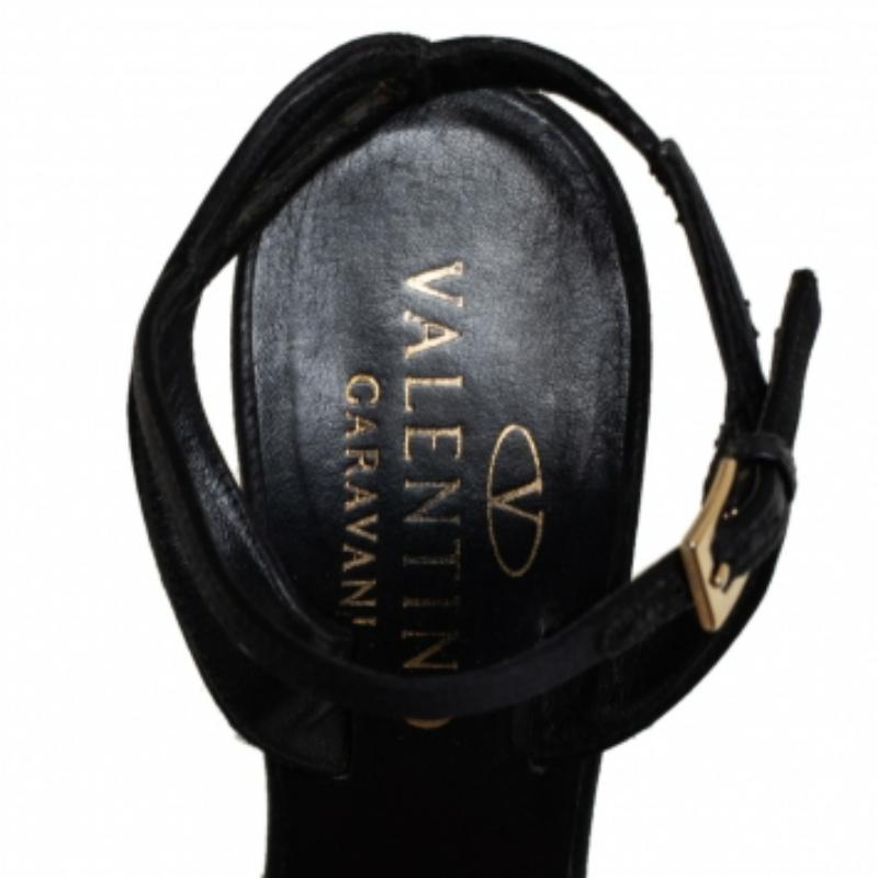 Valentino Black Satin Bow Crystal Embellished Ankle strap Sandals Size 37 In Good Condition For Sale In Dubai, Al Qouz 2