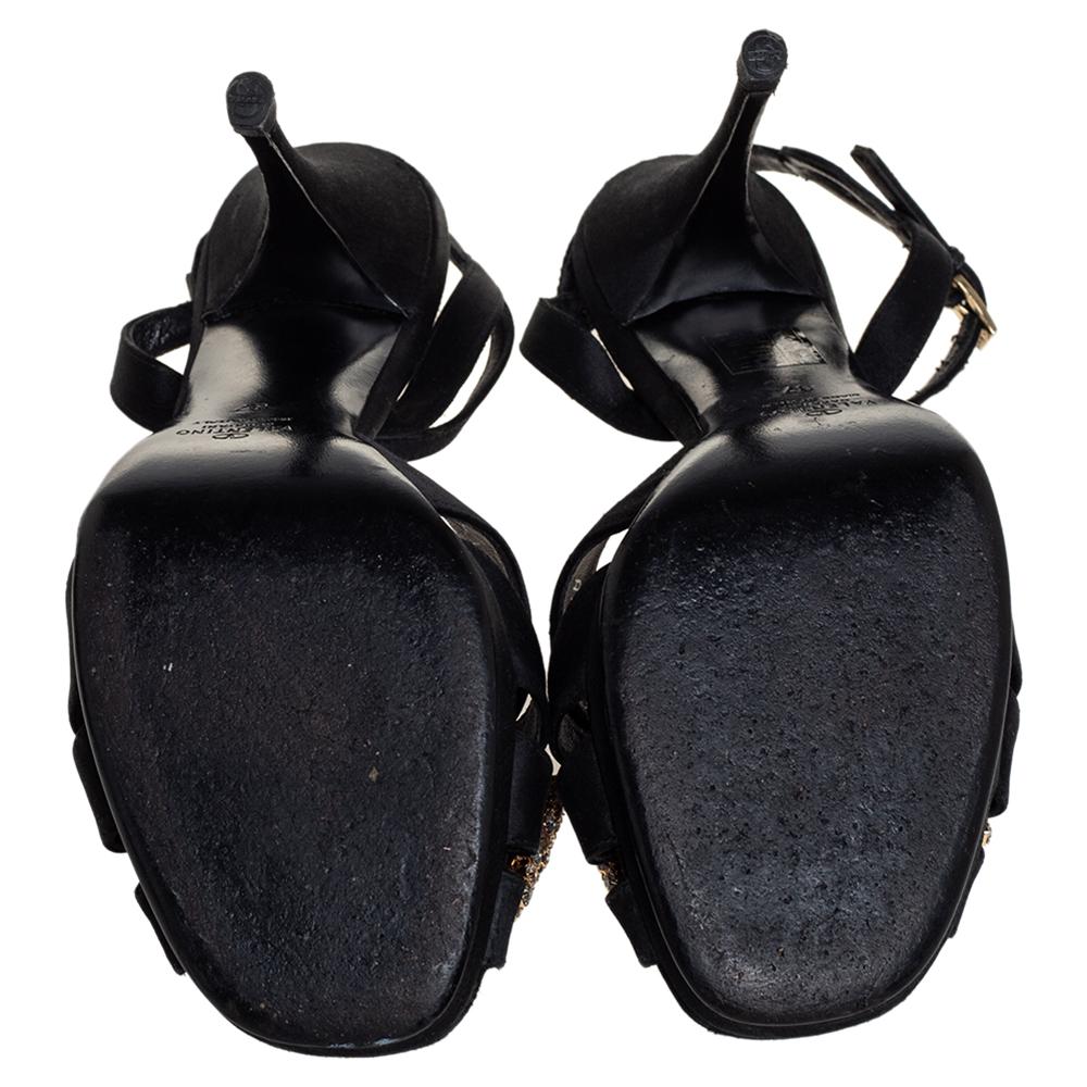 Women's Valentino Black Satin Bow Crystal Embellished Ankle strap Sandals Size 37 For Sale