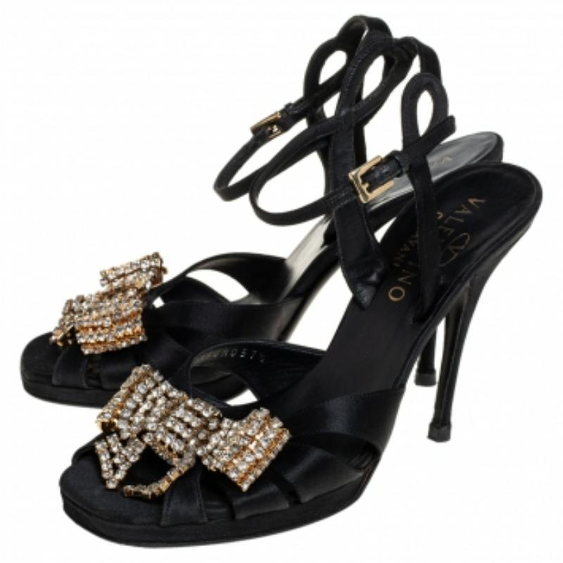 Valentino Black Satin Bow Crystal Embellished Ankle strap Sandals Size 37 For Sale 1