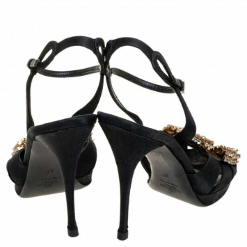 Valentino Black Satin Bow Crystal Embellished Ankle strap Sandals Size 37 For Sale 3