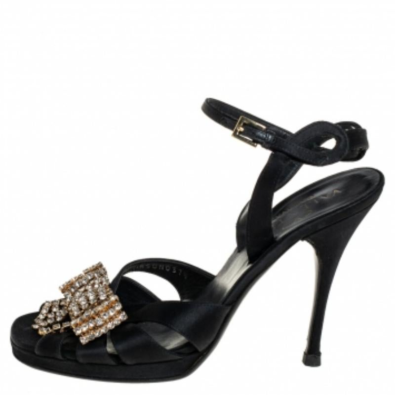 Valentino Black Satin Bow Crystal Embellished Ankle strap Sandals Size 37 For Sale