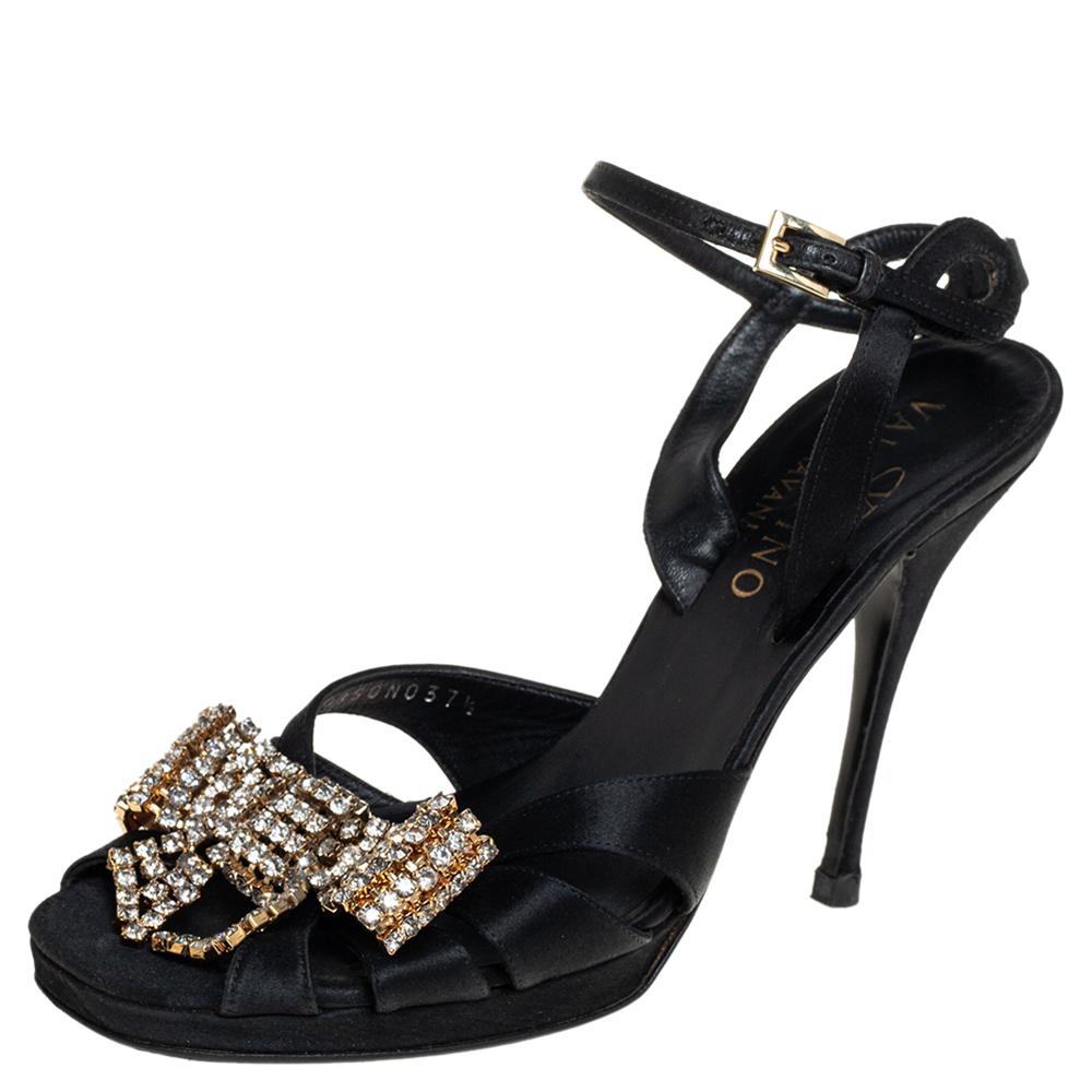 Valentino Black Satin Bow Crystal Embellished Ankle strap Sandals Size 37  For Sale at 1stDibs