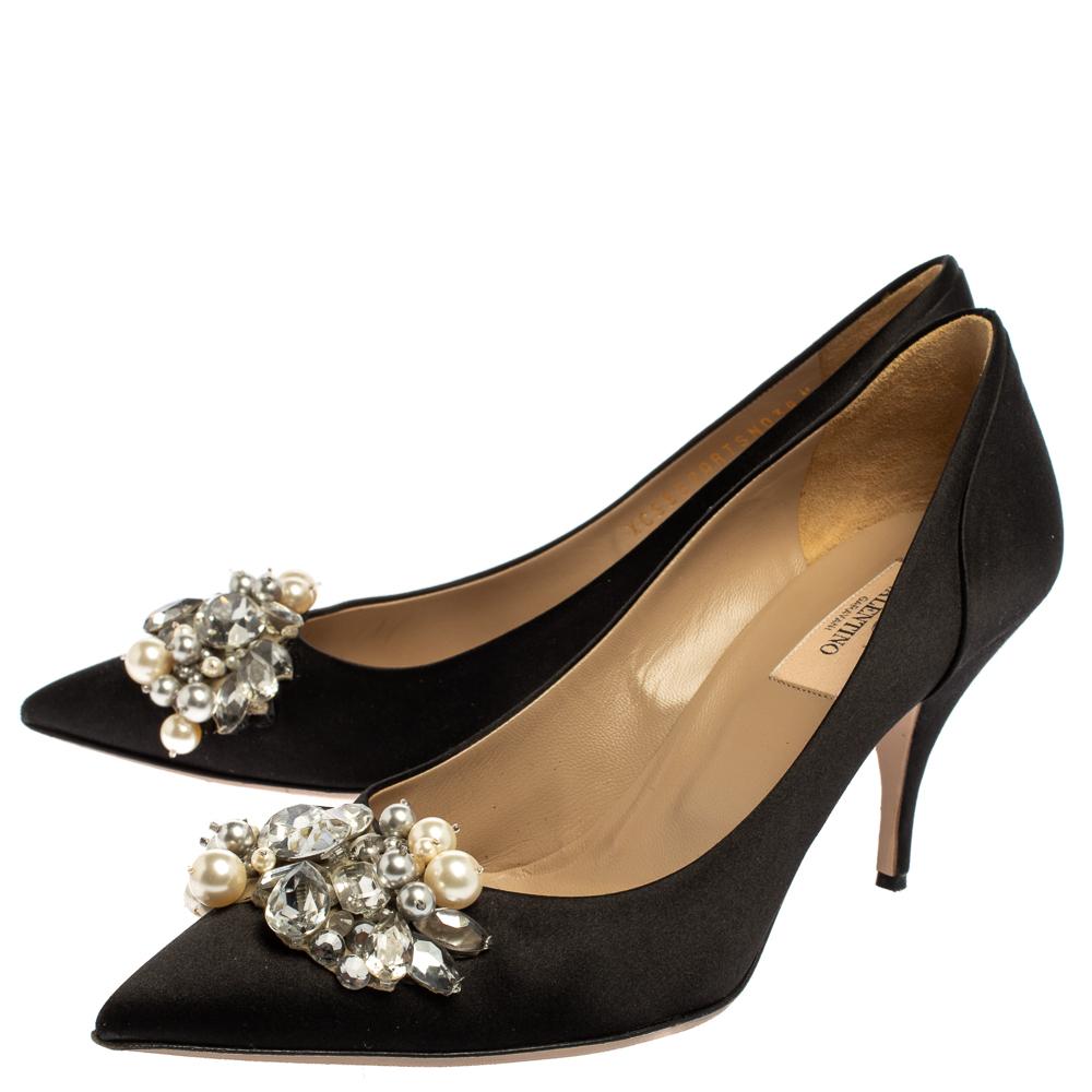 Valentino Black Satin Crystal and Pearl Embellished Pointed Toe Pumps Size 38 1