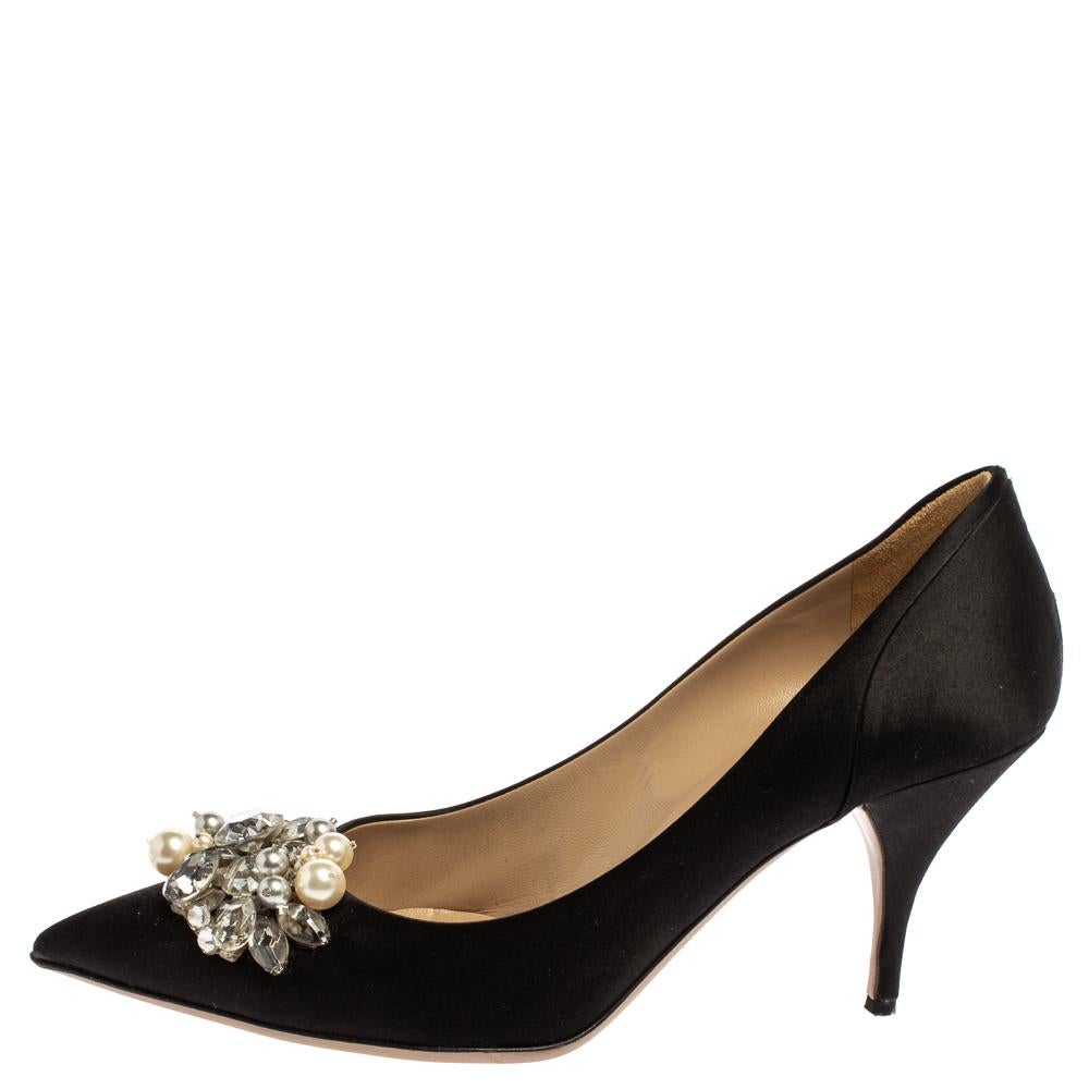 Valentino Black Satin Crystal and Pearl Embellished Pointed Toe Pumps Size 38 3