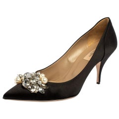 Valentino Black Satin Crystal and Pearl Embellished Pointed Toe Pumps Size 38