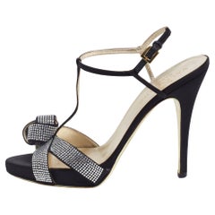 Valentino Black Satin Crystal Embellished Knotted Ankle Wrap Sandals Size 40