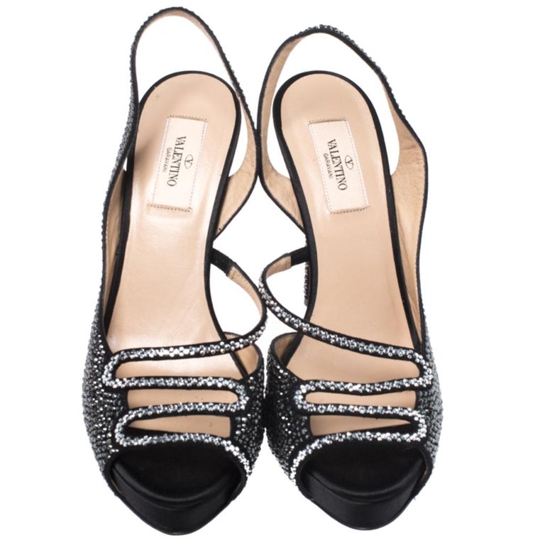 Valentino Black Satin Crystal Embellished Slingback Platform Sandals ...
