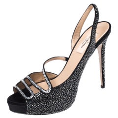 Valentino Black Satin Crystal Embellished Slingback Platform Sandals Size 39