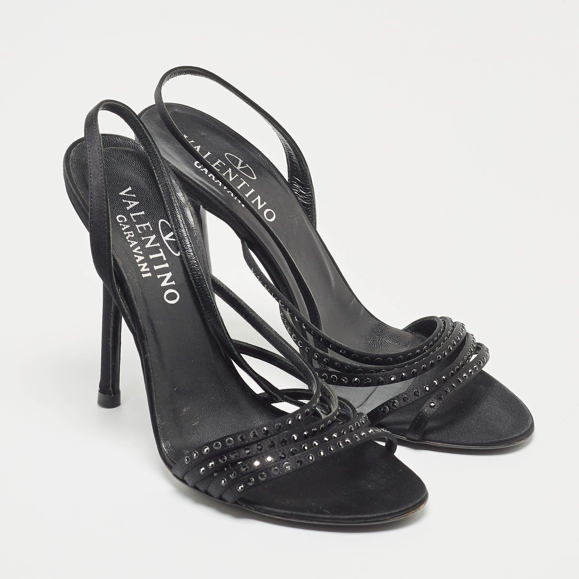 Valentino Black Satin Crystal Embellished Slingback Sandals Size 37.5 In Good Condition In Dubai, Al Qouz 2