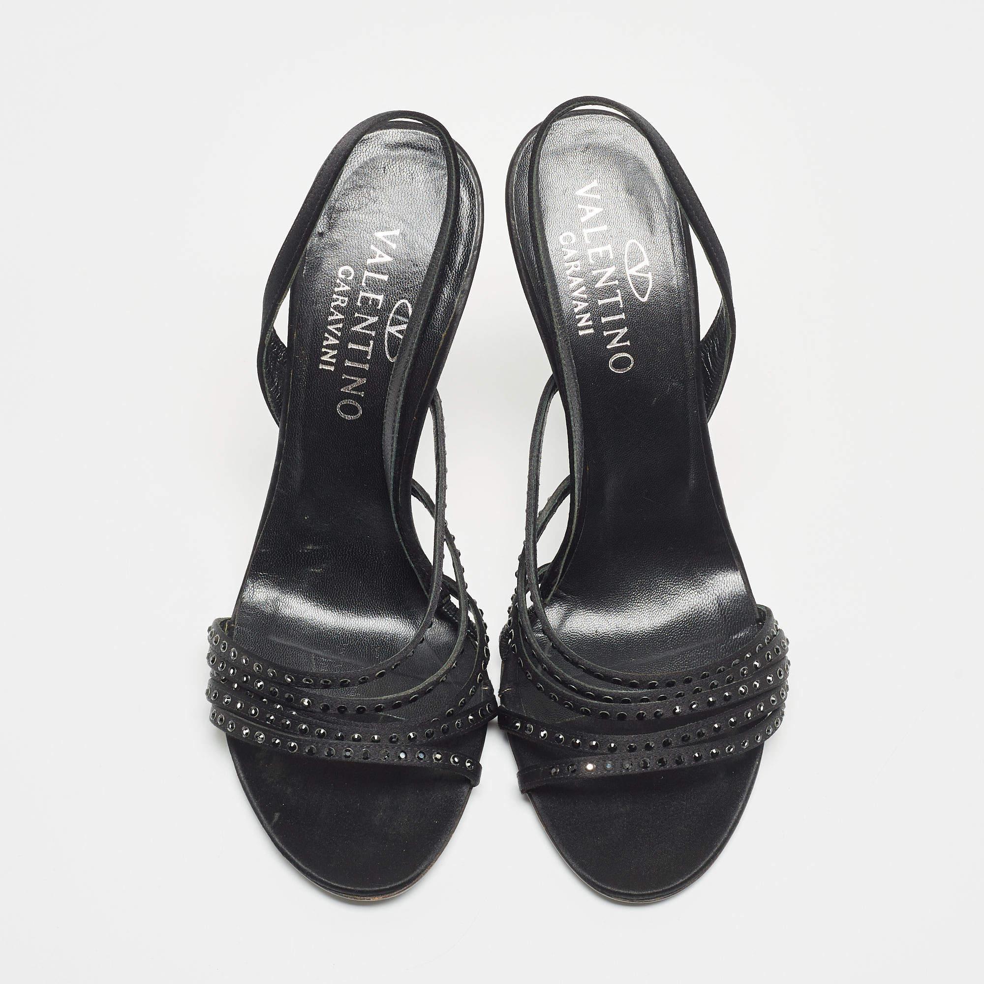 Women's Valentino Black Satin Crystal Embellished Slingback Sandals Size 37.5