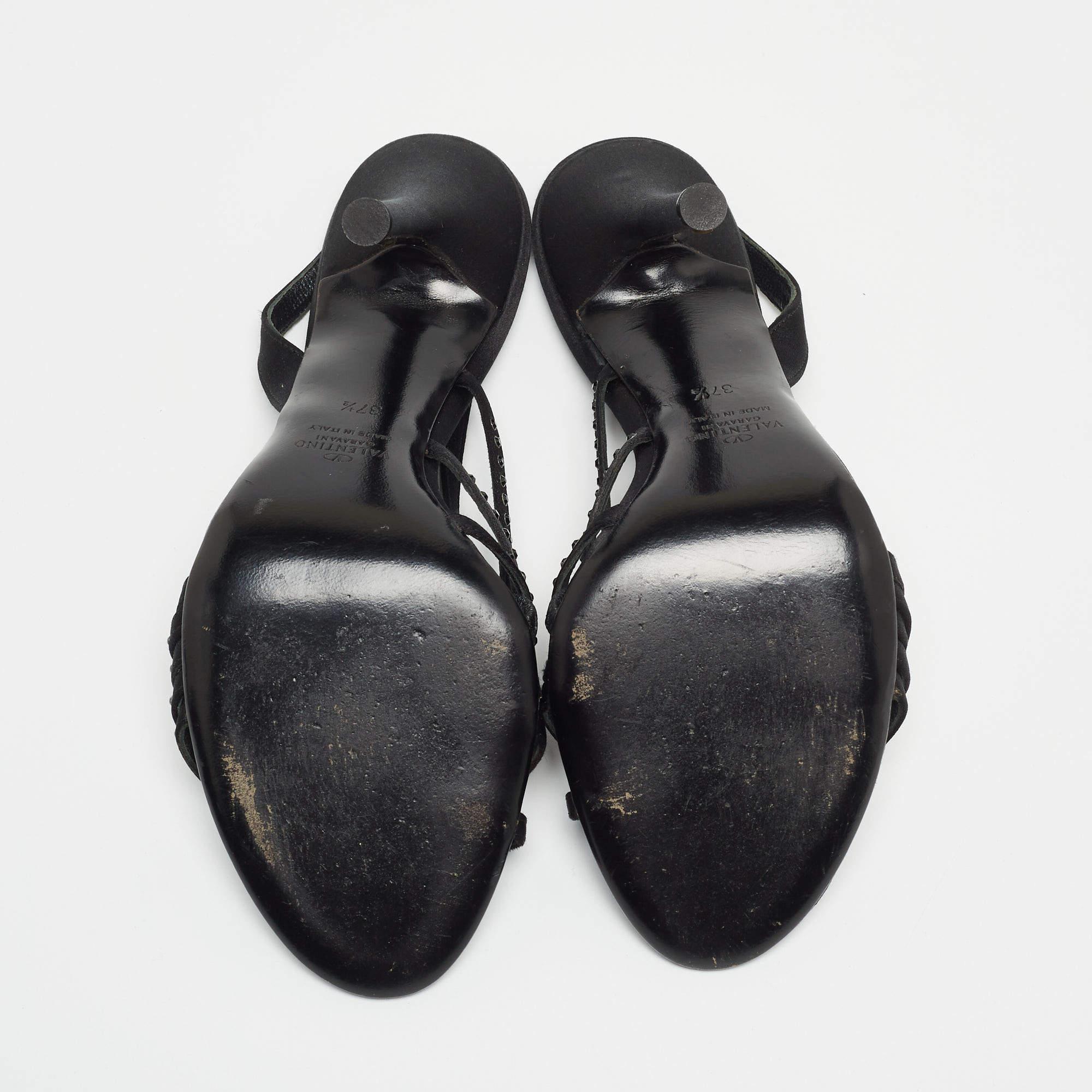 Valentino Black Satin Crystal Embellished Slingback Sandals Size 37.5 1