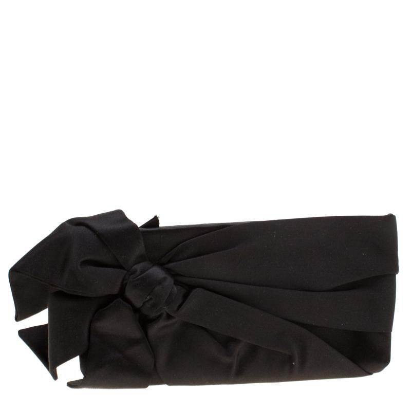 Women's Valentino Black Satin Pleated Bow Clutch