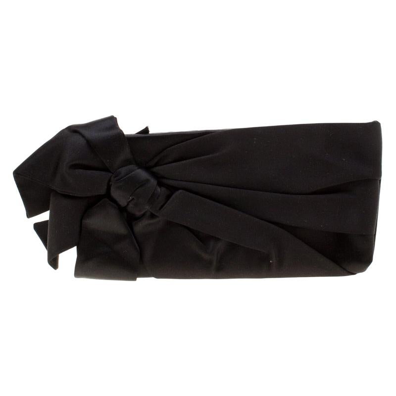 Valentino Black Satin Pleated Bow Clutch