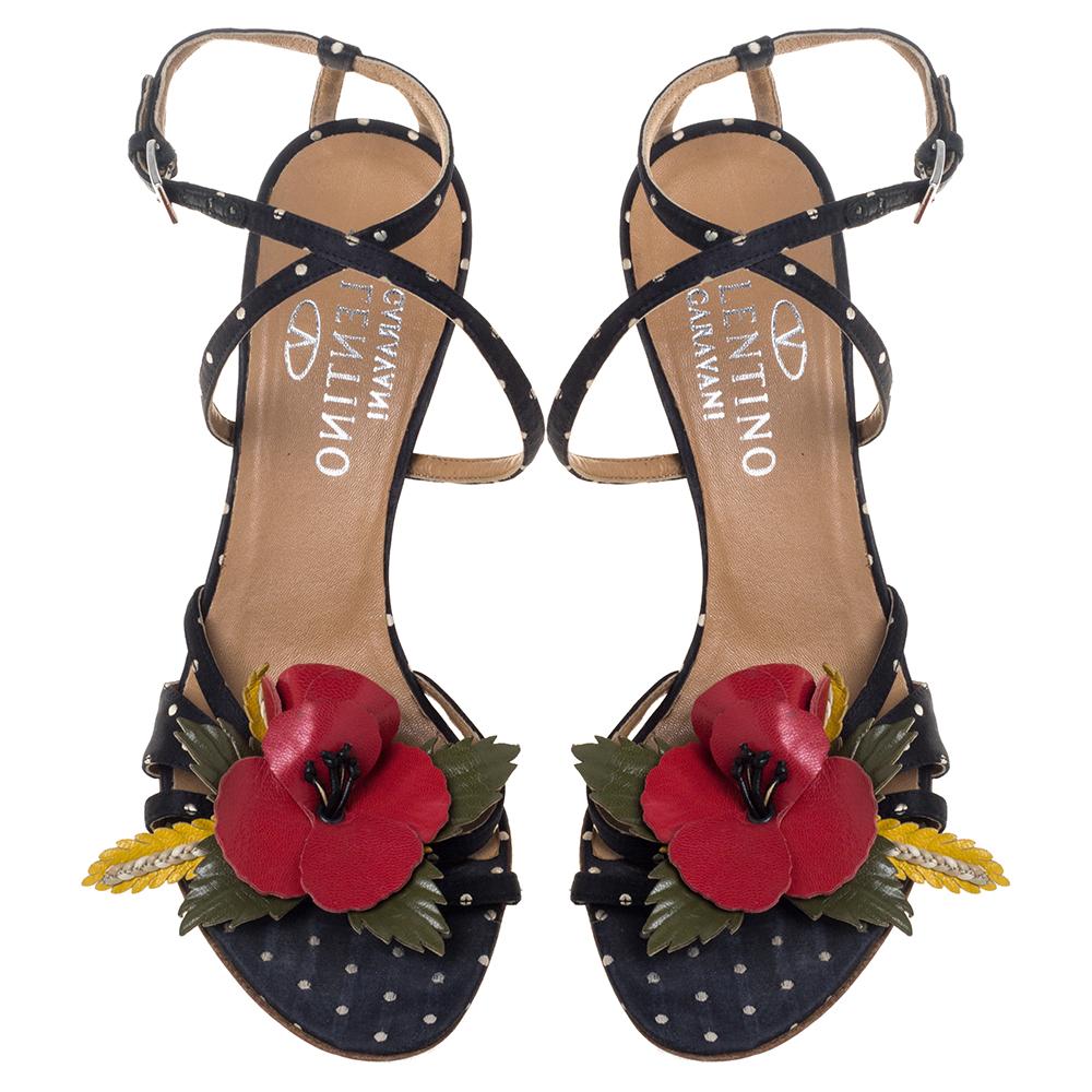 Brown Valentino Black Satin Polka Dot Floral Embellished Ankle Strap Sandals Size 36 For Sale