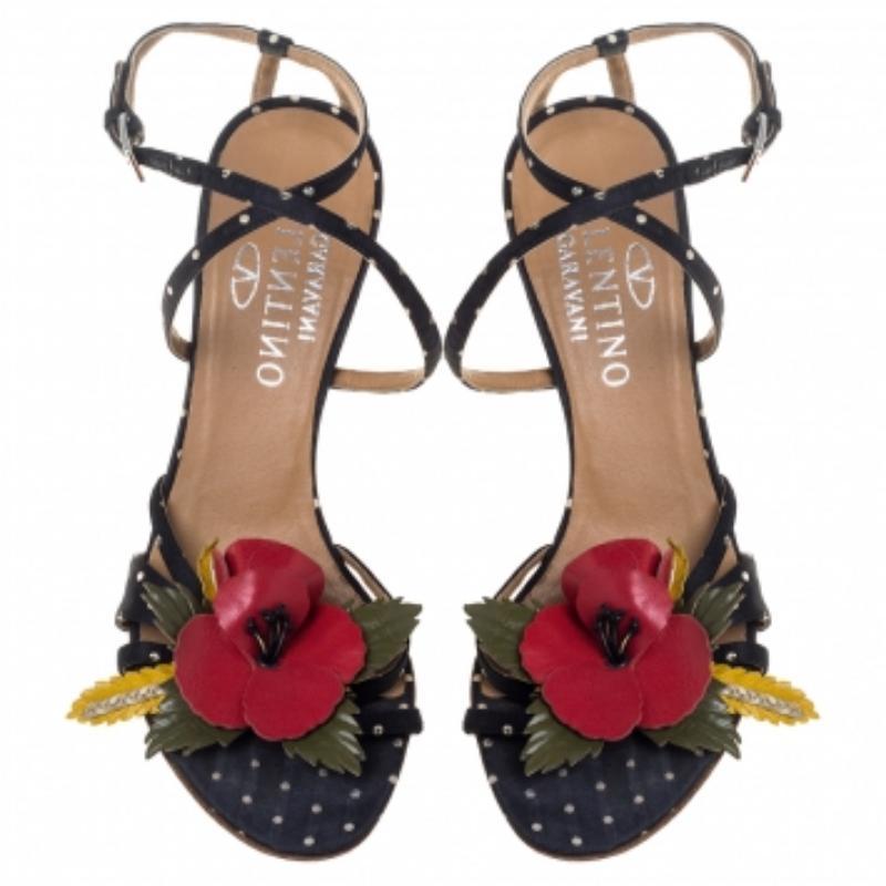 Women's Valentino Black Satin Polka Dot Floral Embellished Ankle Strap Sandals Size 36 For Sale