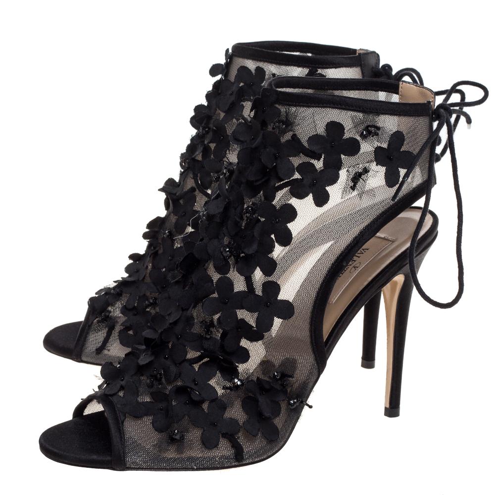Valentino Valentino Schwarz Satin Trims Blume verschönert offene Zehe Stiefeletten  Größe 40 Damen