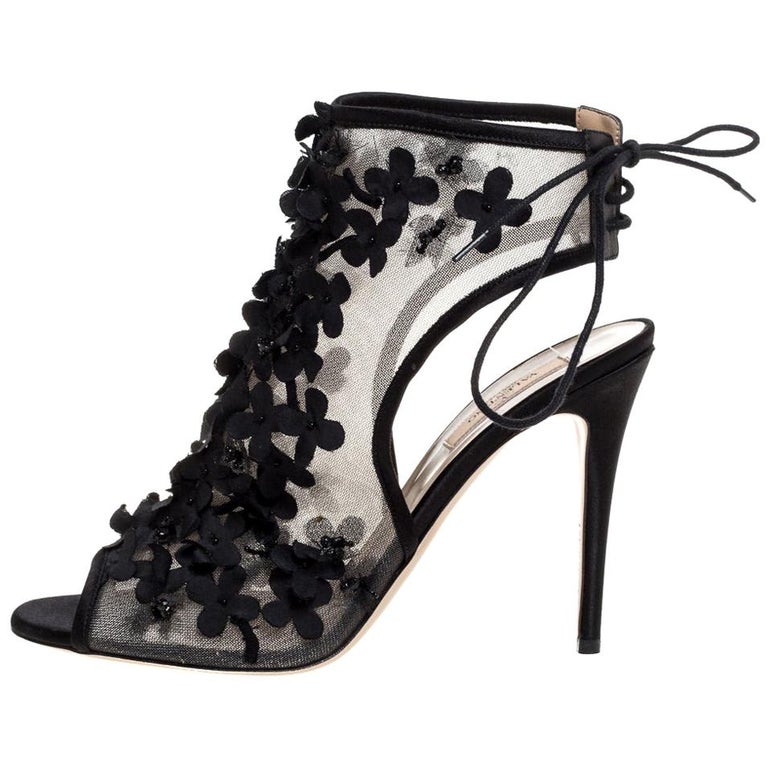 Valentino Black Satin Trims Flower Embellished Open Toe Ankle Booties ...