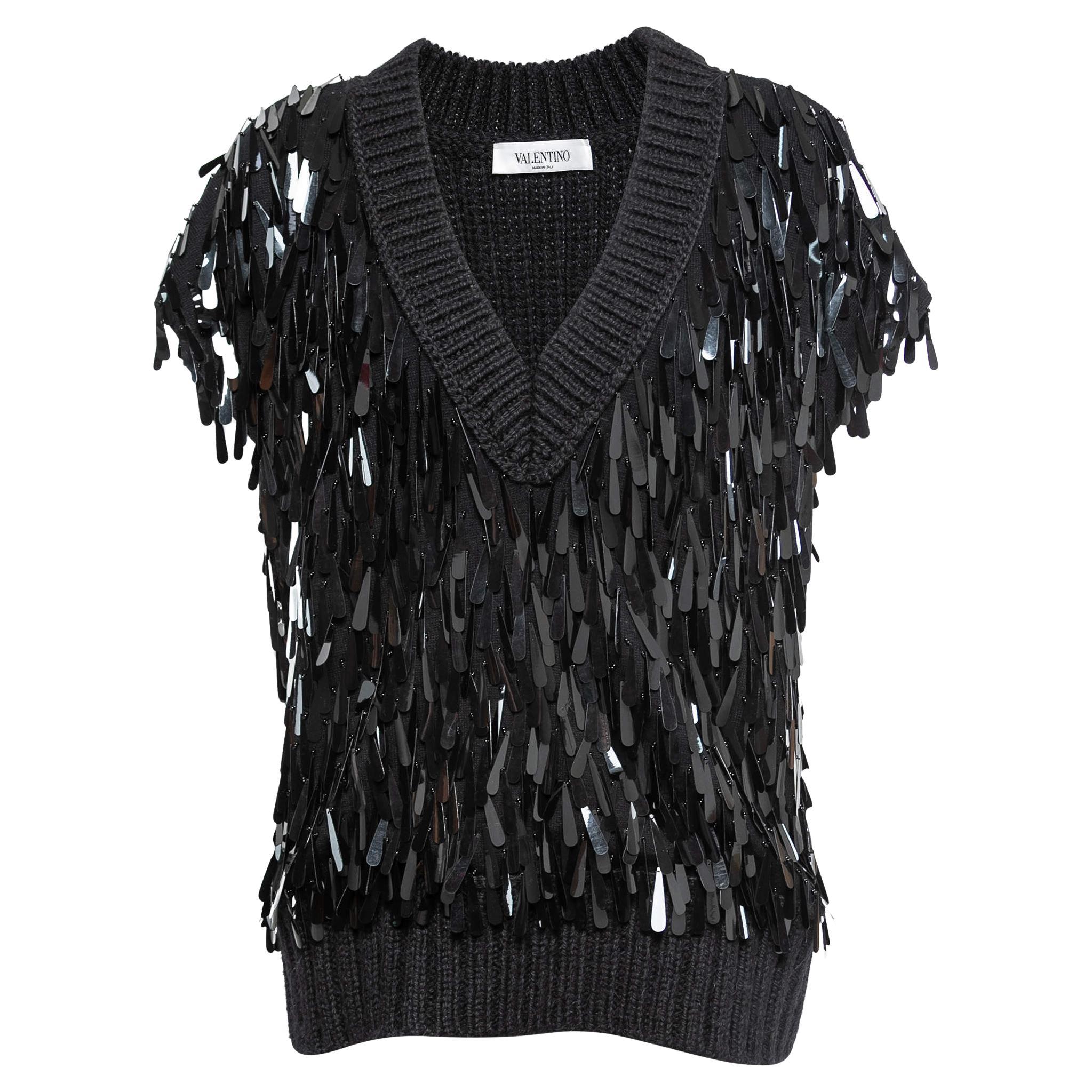 Valentino Black Sequin Embellished Wool Sweater Vest S For Sale