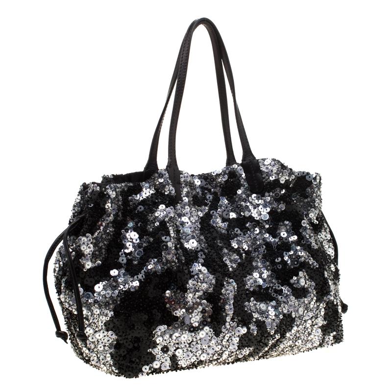 Women's Valentino Black Sequins and Leather Glam Tote