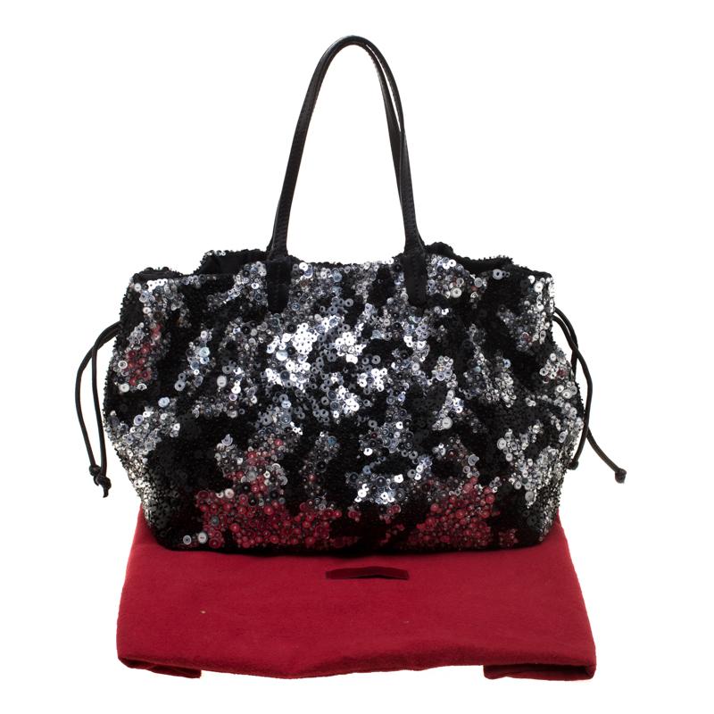 Valentino Black Sequins and Leather Glam Tote 1