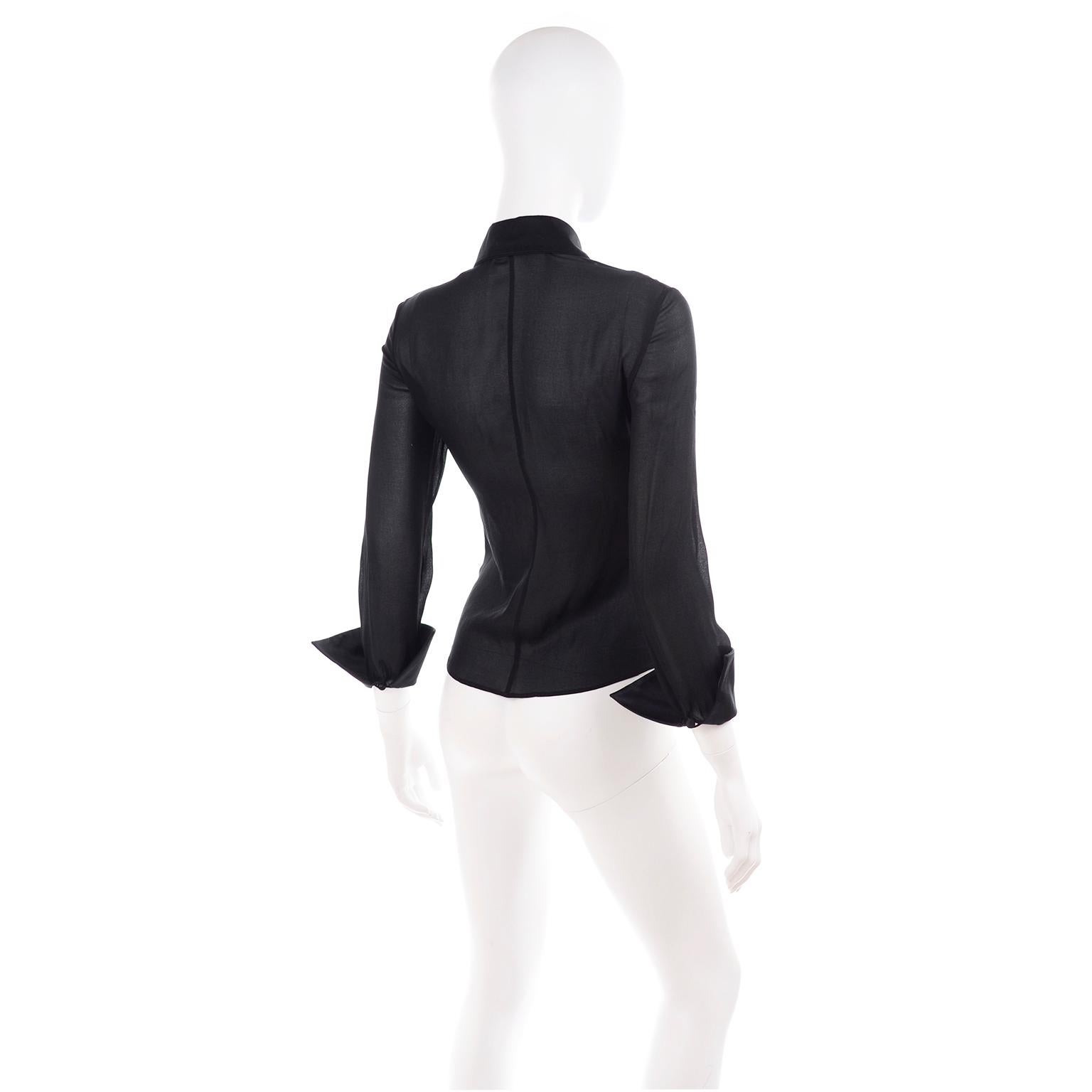 Valentino Black Sheer Chiffon Blouse With Beaded Silk Floral Appliques In Excellent Condition In Portland, OR
