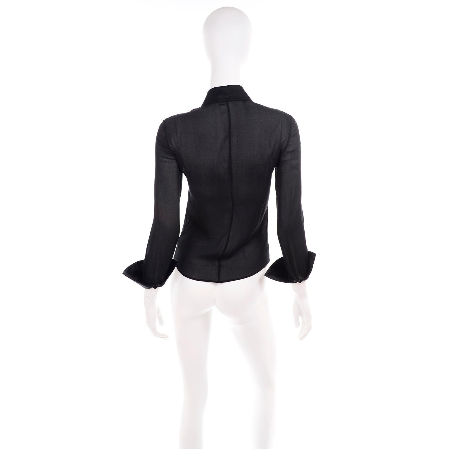 Women's Valentino Black Sheer Chiffon Blouse With Beaded Silk Floral Appliques