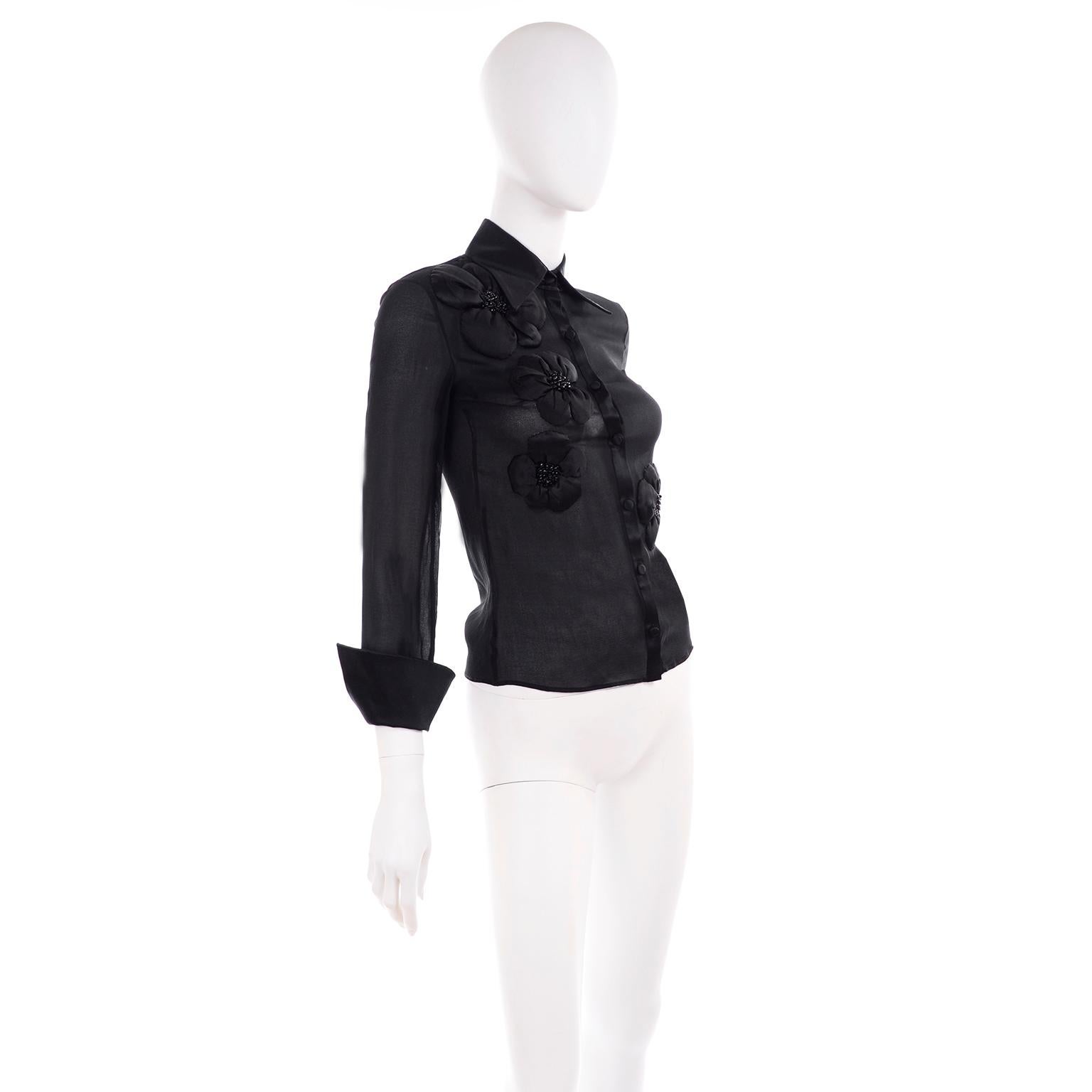 Valentino Black Sheer Chiffon Blouse With Beaded Silk Floral Appliques 2