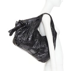 VALENTINO black shiny snakeskin leather bow side shoulder hobo bag