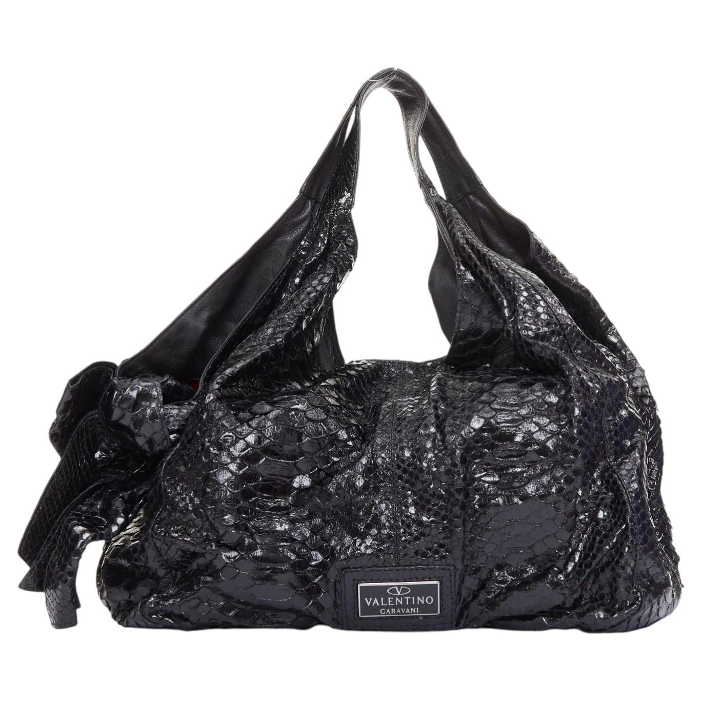 VALENTINO black shiny snakeskin leather bow side shoulder hobo bag