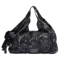 VALENTINO black shiny snakeskin leather bow side shoulder hobo bag