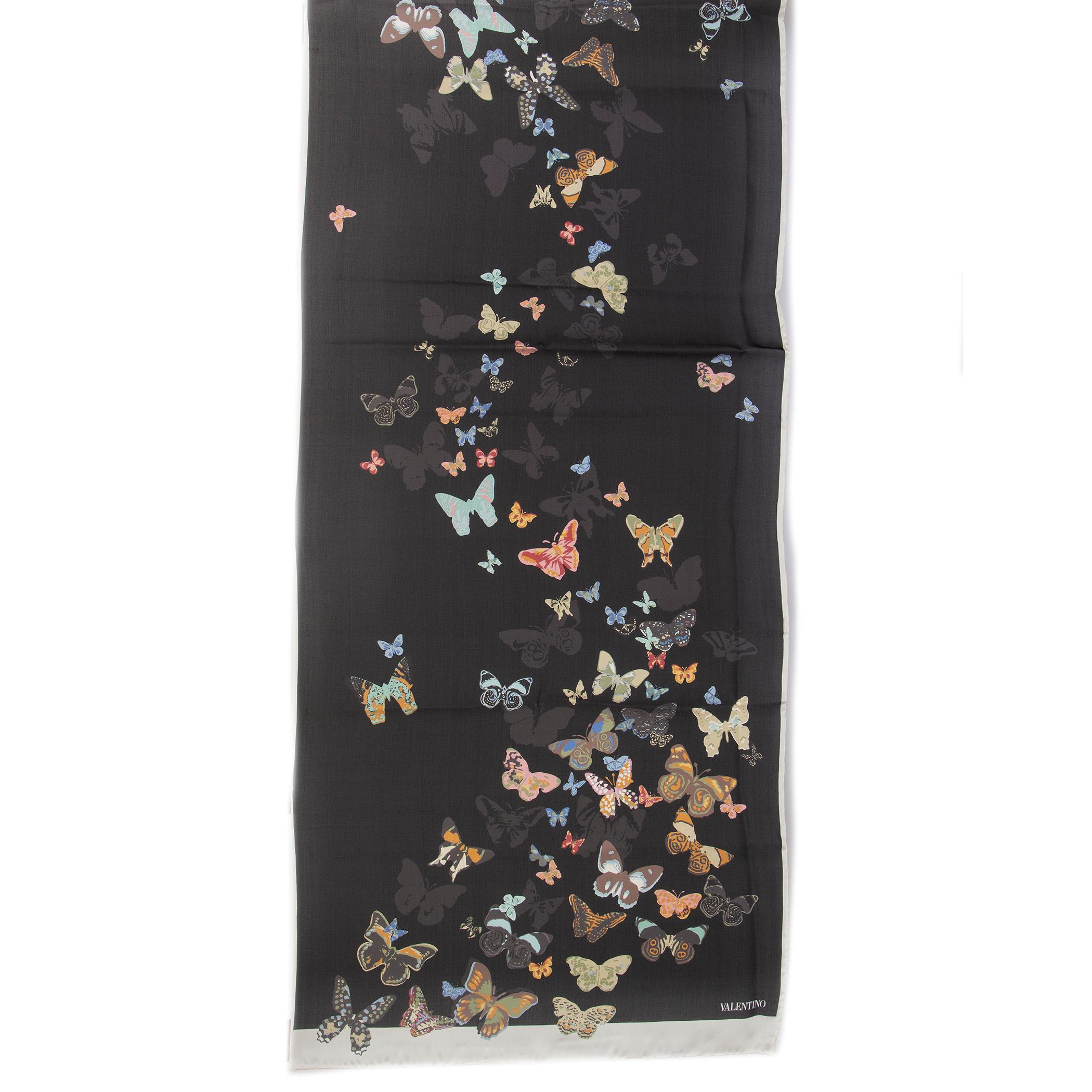 Valentino butterfly-print long scarf in off-white, black, sage, mustard, rose, baby blue, and shadow silk chiffon (100%). Has been worn and is in excellent condition. 

Width 70cm (27.3in)
Length 200cm (78in)