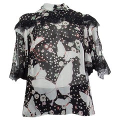 VALENTINO blusa de gasa de seda negra POP BUTTERFLIES Camisa 42 M