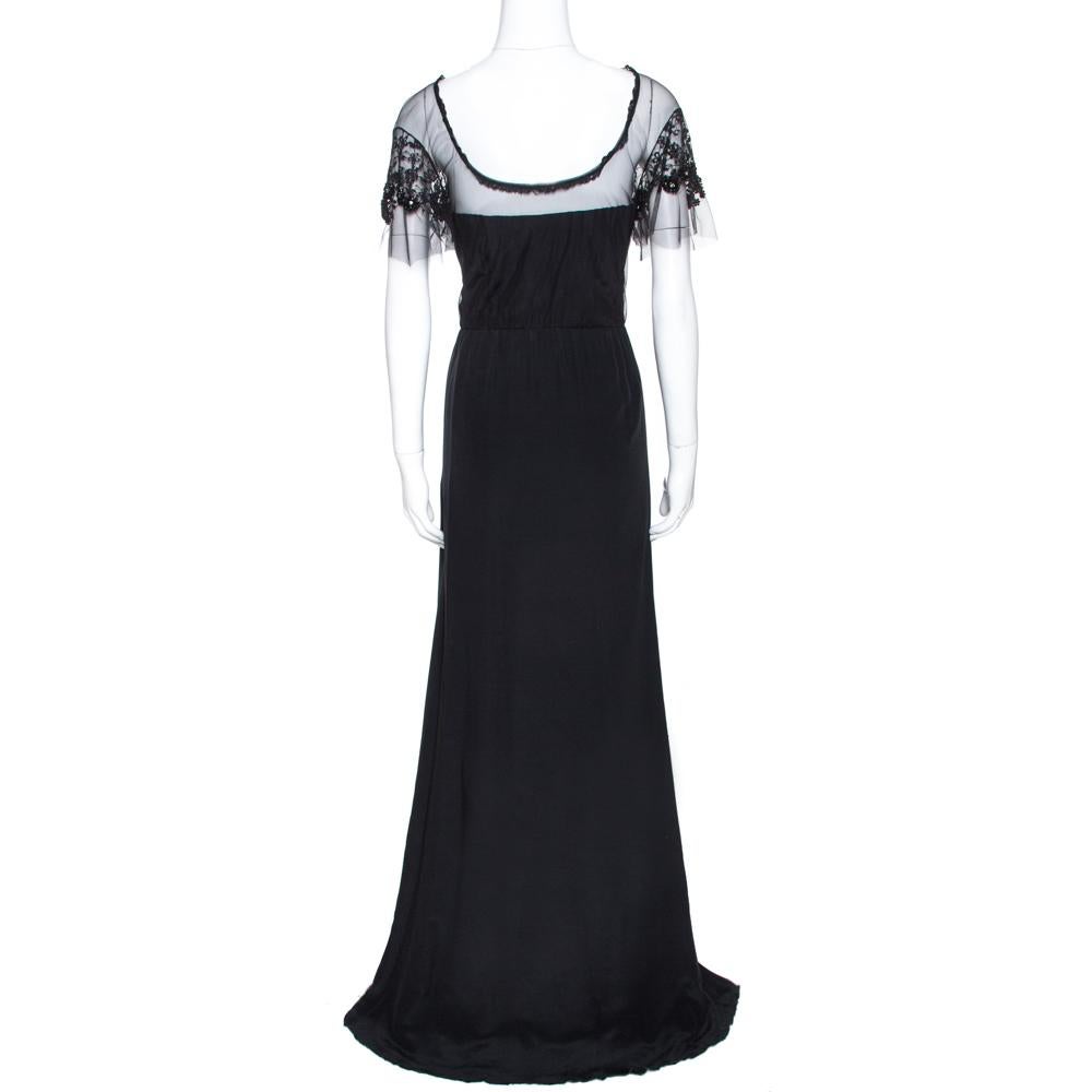Valentino Black Silk Embellished Lace Trim Maxi Dress L In Good Condition In Dubai, Al Qouz 2