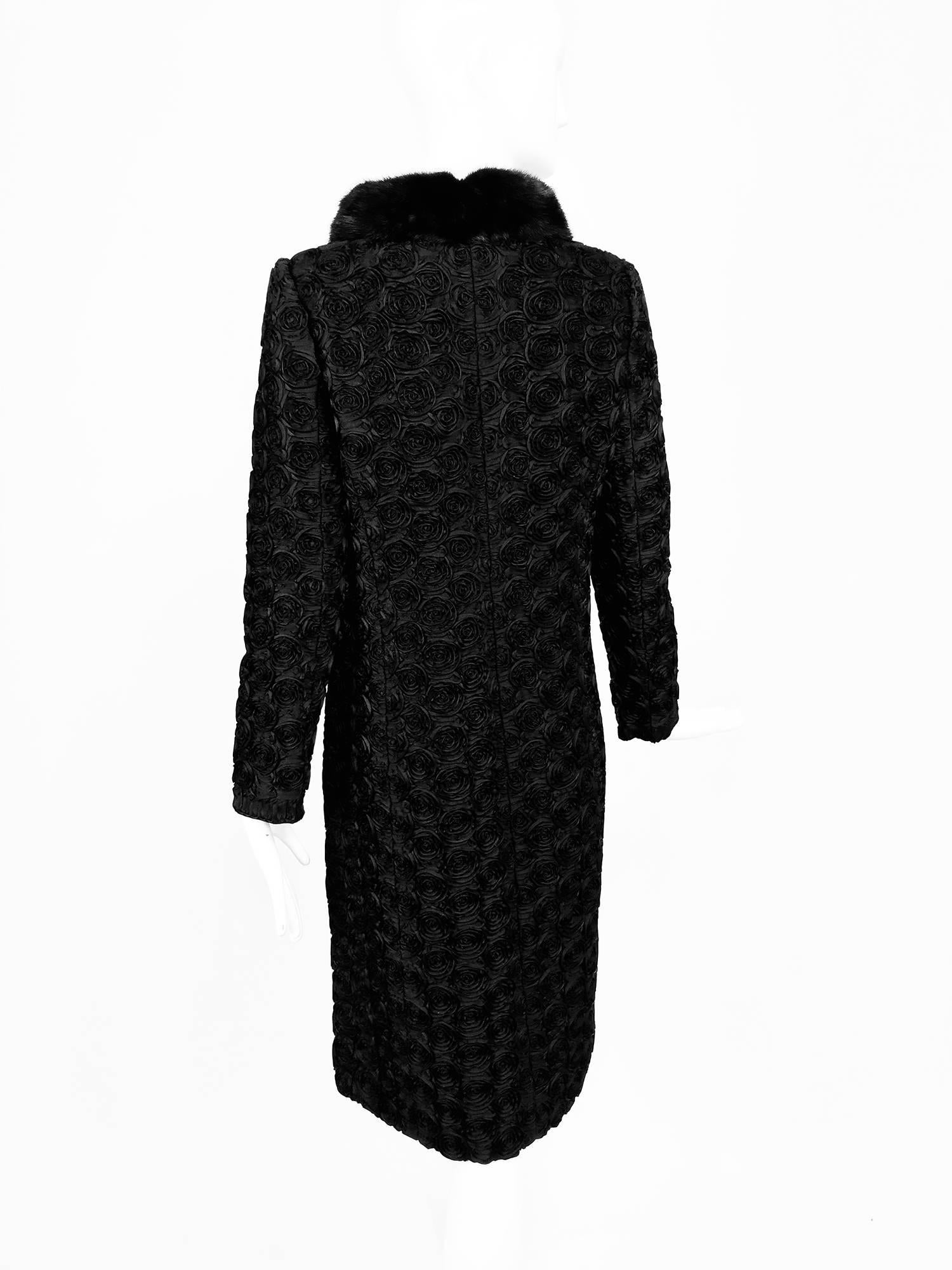 Valentino Black Silk Faille Appliqued Coat Mink Collar  For Sale 4