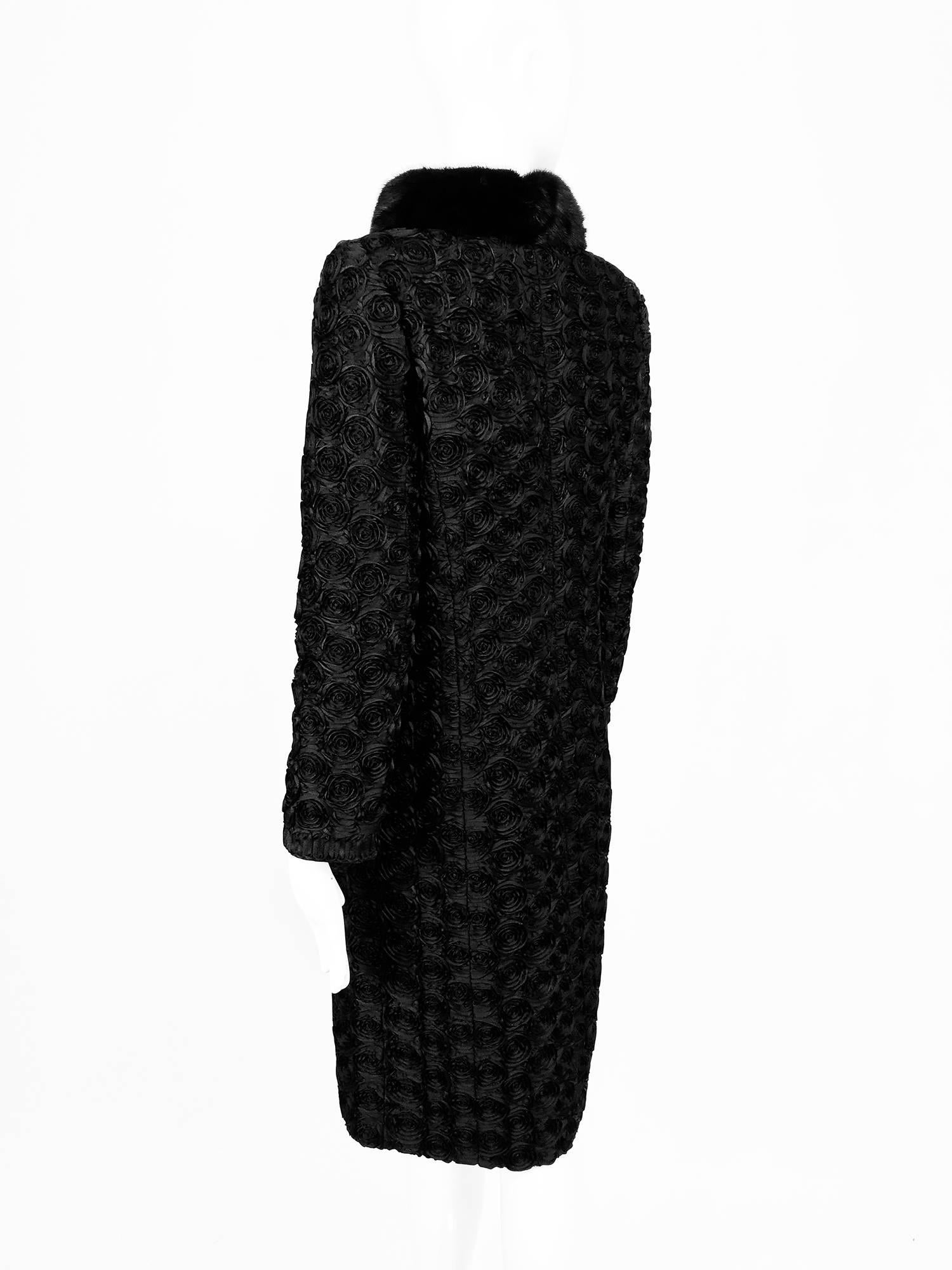 Valentino Black Silk Faille Appliqued Coat Mink Collar  For Sale 5