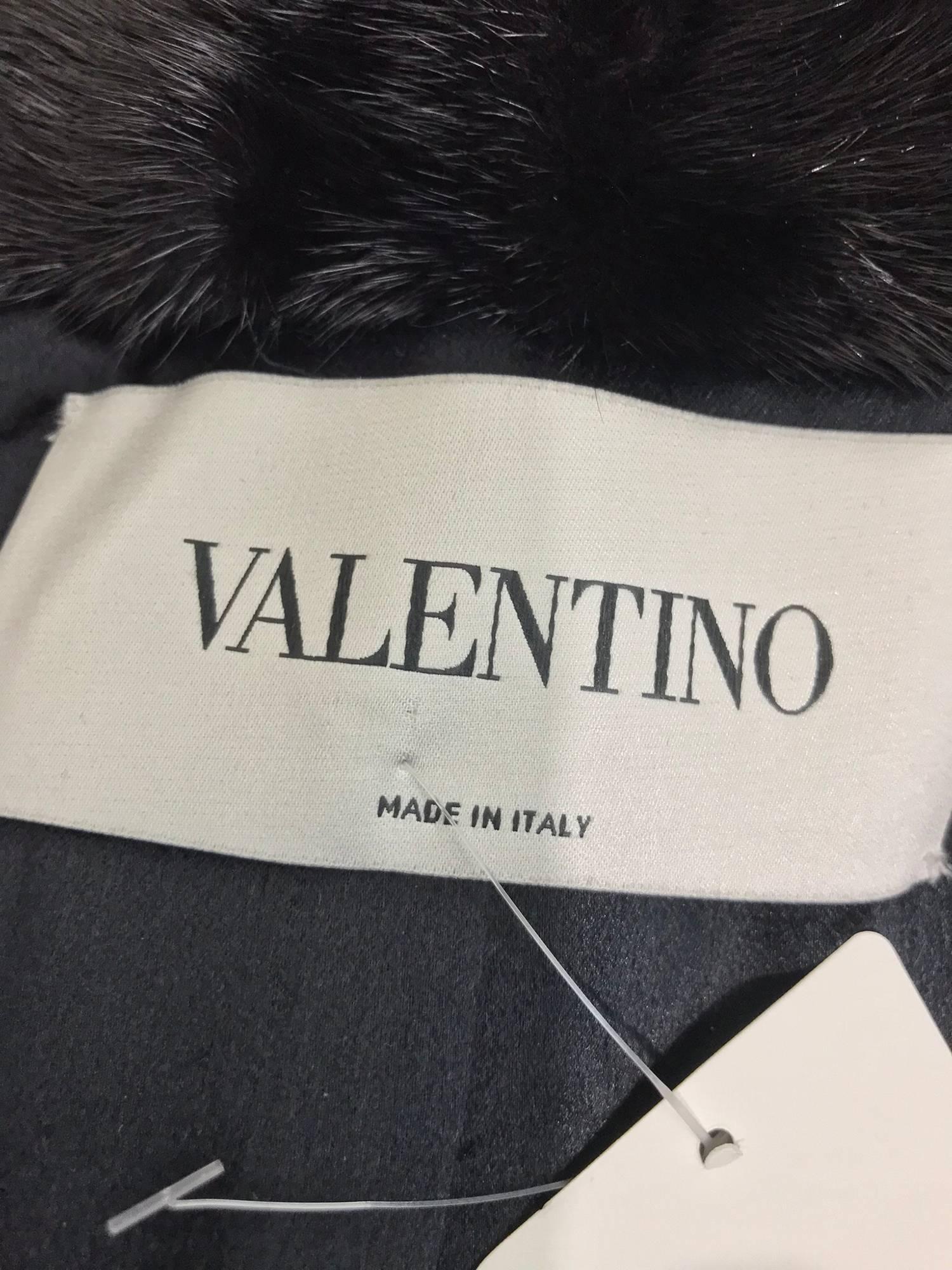 Valentino Black Silk Faille Appliqued Coat Mink Collar  For Sale 9