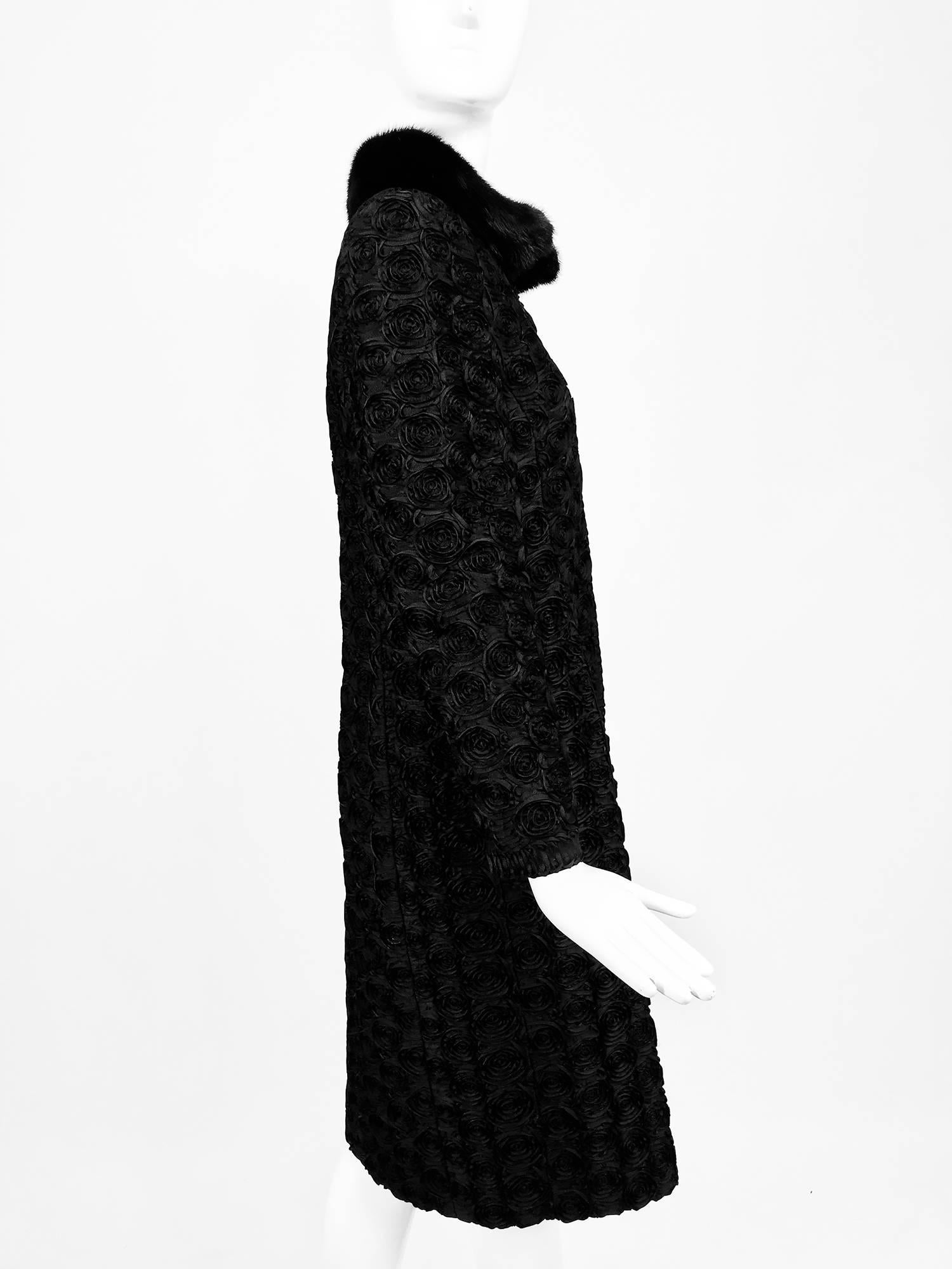 Women's Valentino Black Silk Faille Appliqued Coat Mink Collar  For Sale