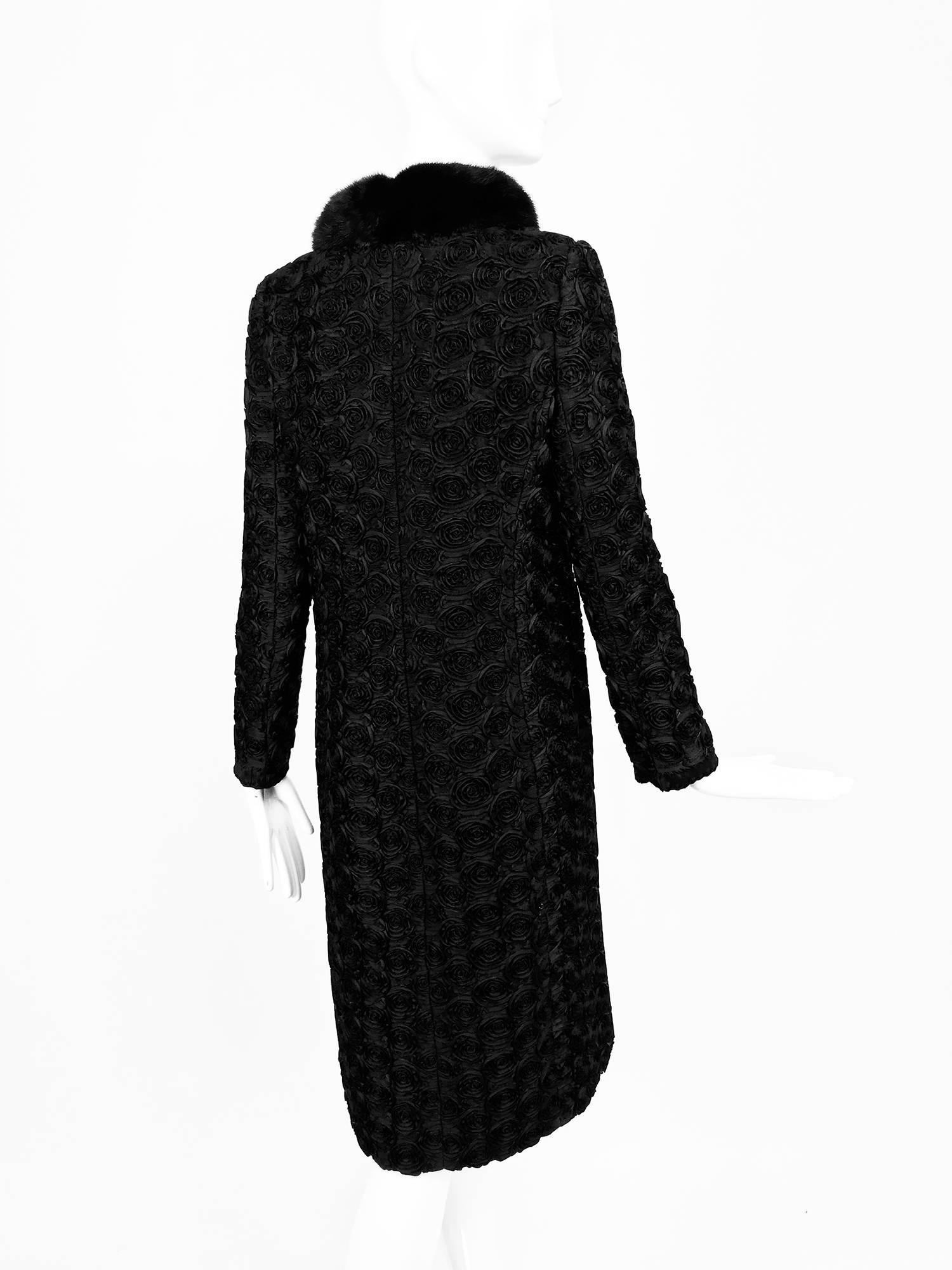 Valentino Black Silk Faille Appliqued Coat Mink Collar  For Sale 2