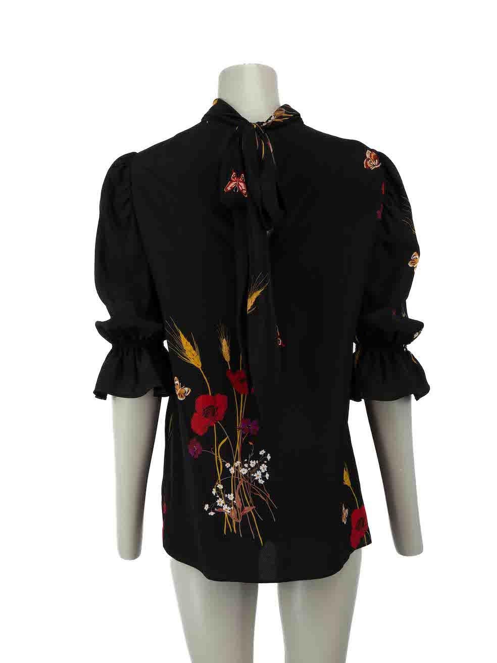 Valentino Black Silk Floral Print Tie-Neck Blouse Size M In Excellent Condition In London, GB