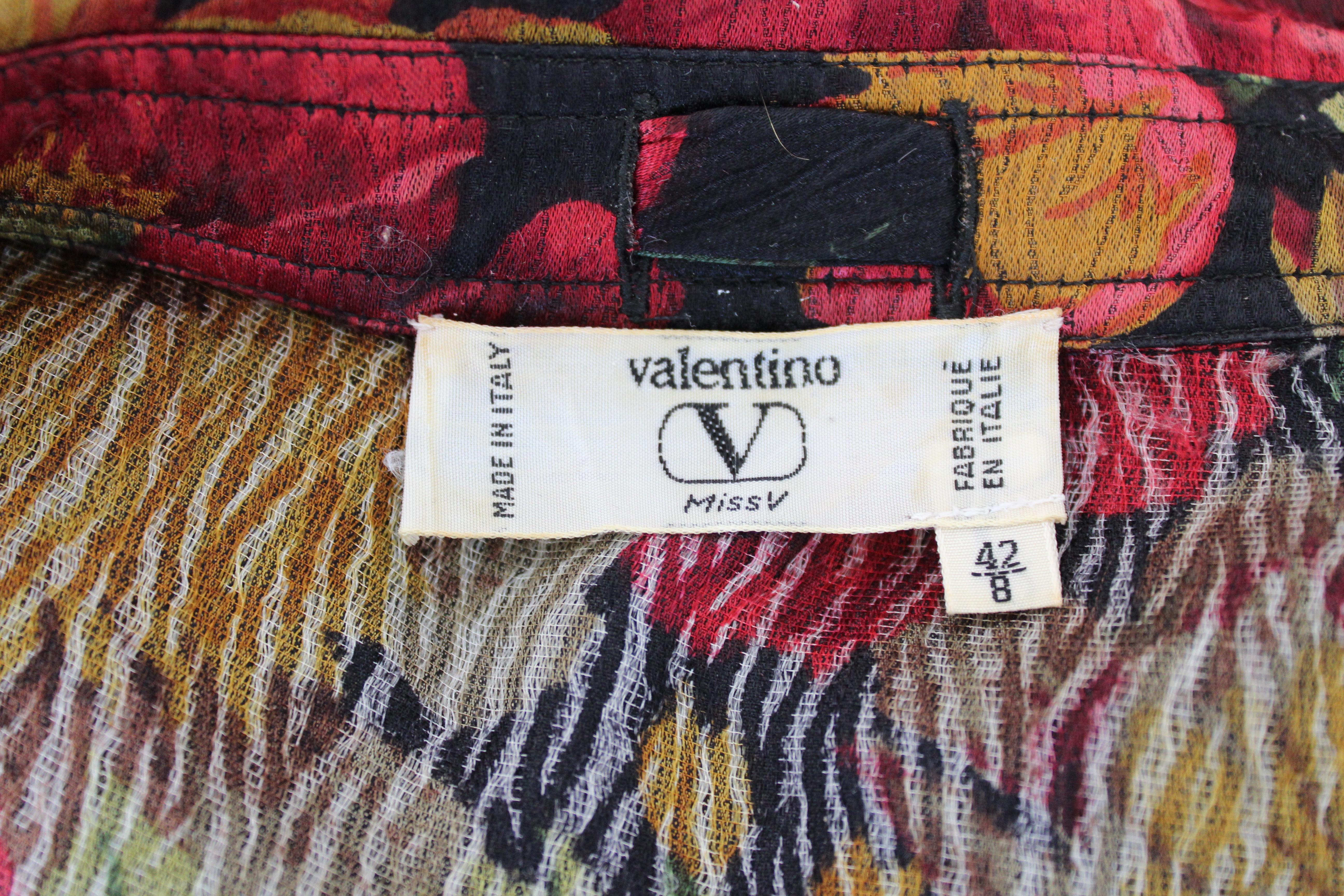Valentino Black Silk Floral Red Bow Short Waist Shirt 1980s 3