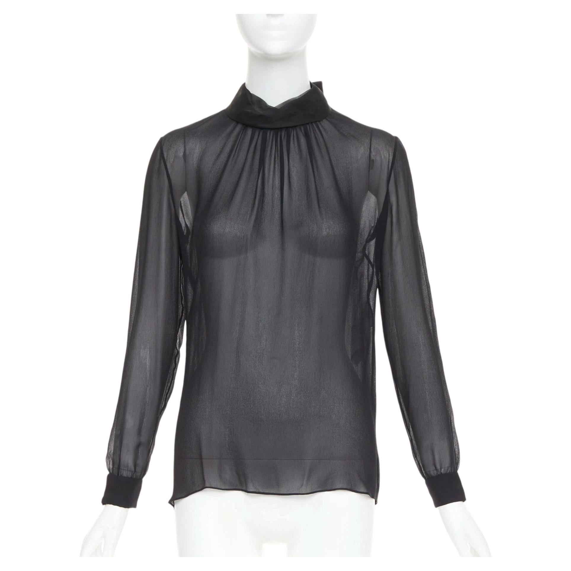VALENTINO black silk georgette sheer draped high collar ruched blouse top UK6 XS