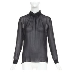 VALENTINO black silk georgette sheer draped high collar ruched blouse top UK6 XS