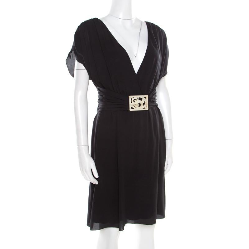 Valentino Black Silk Plunge Neck Buckle Detail Belted Dress M In Excellent Condition In Dubai, Al Qouz 2