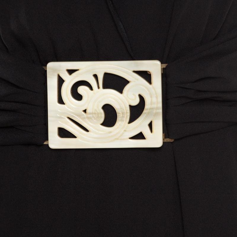 Valentino Black Silk Plunge Neck Buckle Detail Belted Dress M 2