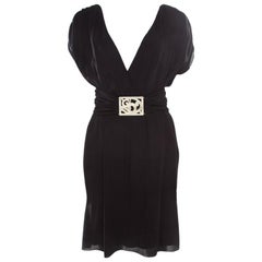 Valentino Black Silk Plunge Neck Buckle Detail Belted Dress M