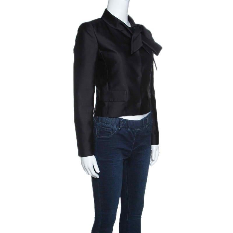 Valentino Black Silk Wool Neck Tie Detail Cropped Jacket S In Good Condition In Dubai, Al Qouz 2