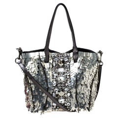Valentino Black/Silver Crystal Embellished Satin and Leather Tote
