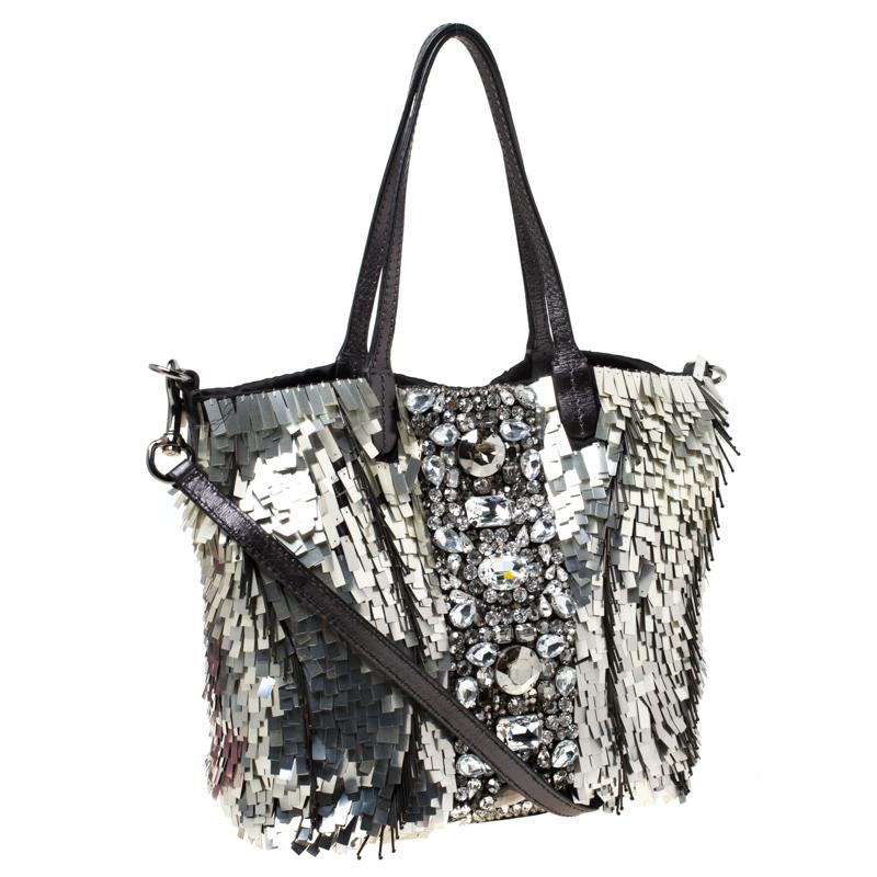 Women's Valentino Black/Silver Crystal Embellished Satin and Leather ToteValentino Black