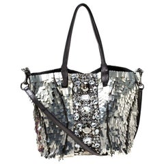 Valentino Black/Silver Crystal Embellished Satin and Leather ToteValentino Black
