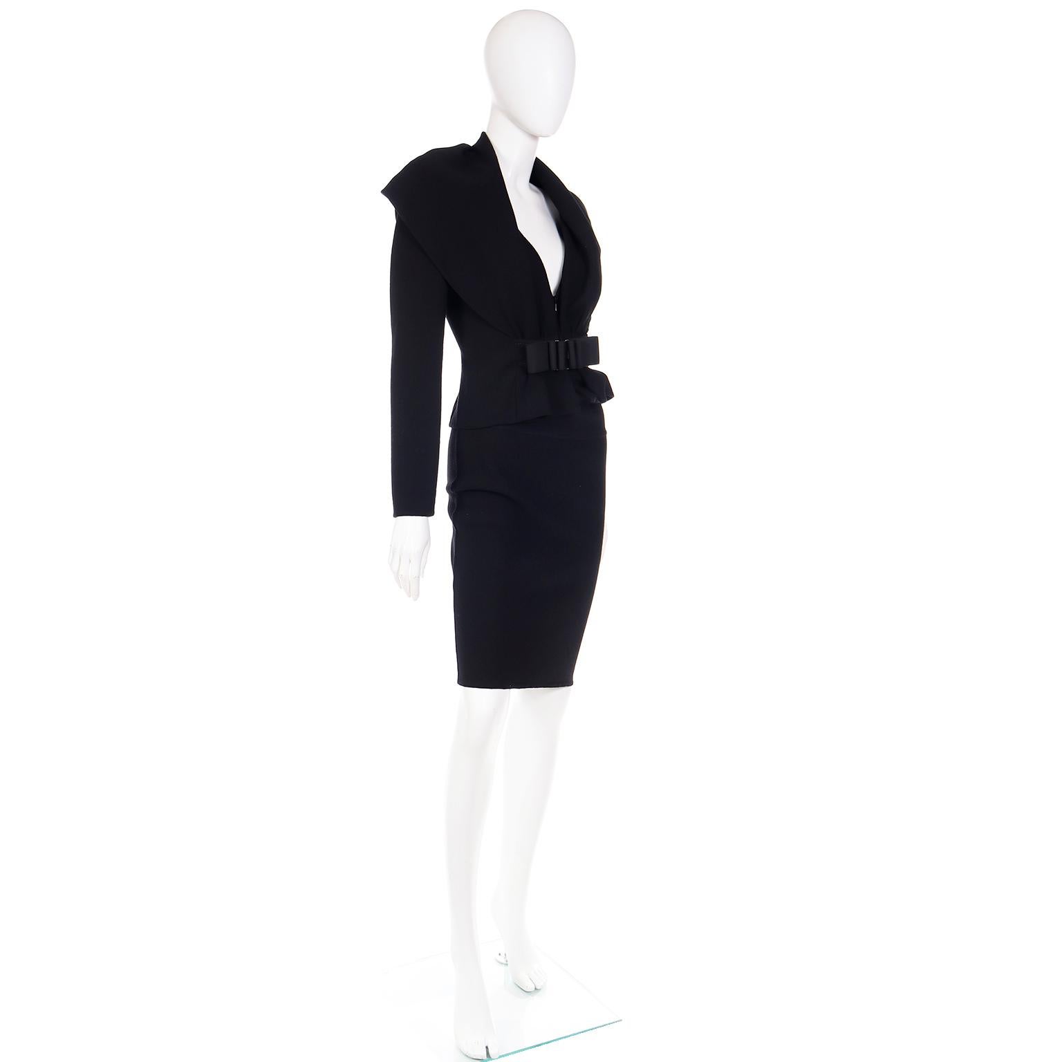 Valentino Black Skirt Suit With Unique Jacket With Bow & Buckle In Excellent Condition For Sale In Portland, OR